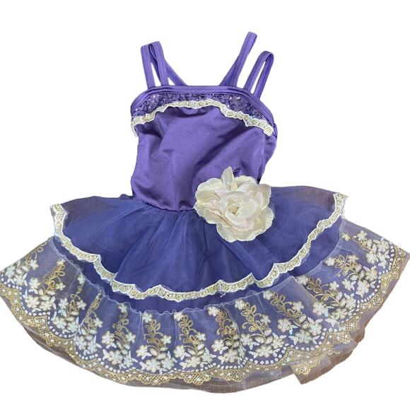 Weissman Purple Cream Lace Costume Dress Small Girls Figure Skating Dance Lace - Picture 2 of 16